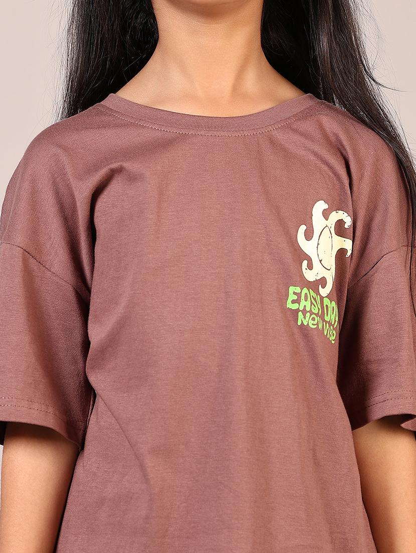 girls brown printed round neck tee - 21689517 - Standard Image - 5