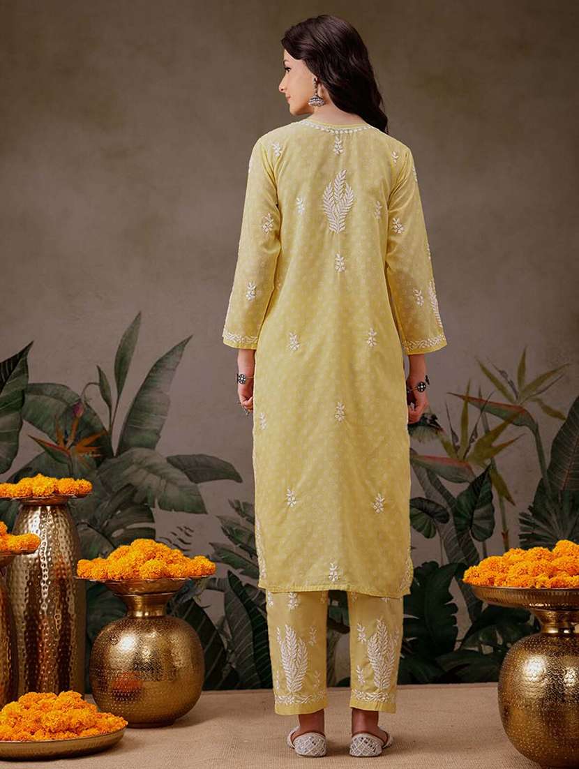 women solid with work notch neck kurta set - 21689692 -  Standard Image - 3