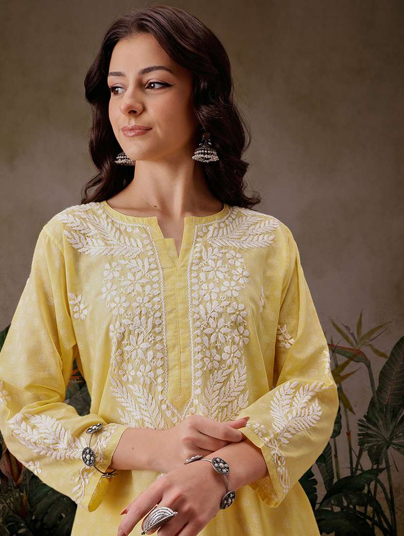women solid with work notch neck kurta set - 21689692 -  Standard Image - 5
