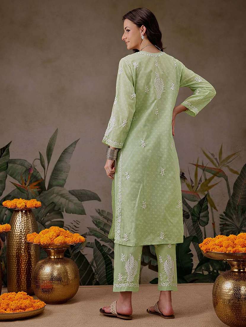 women solid with work notch neck kurta set - 21689693 -  Standard Image - 3