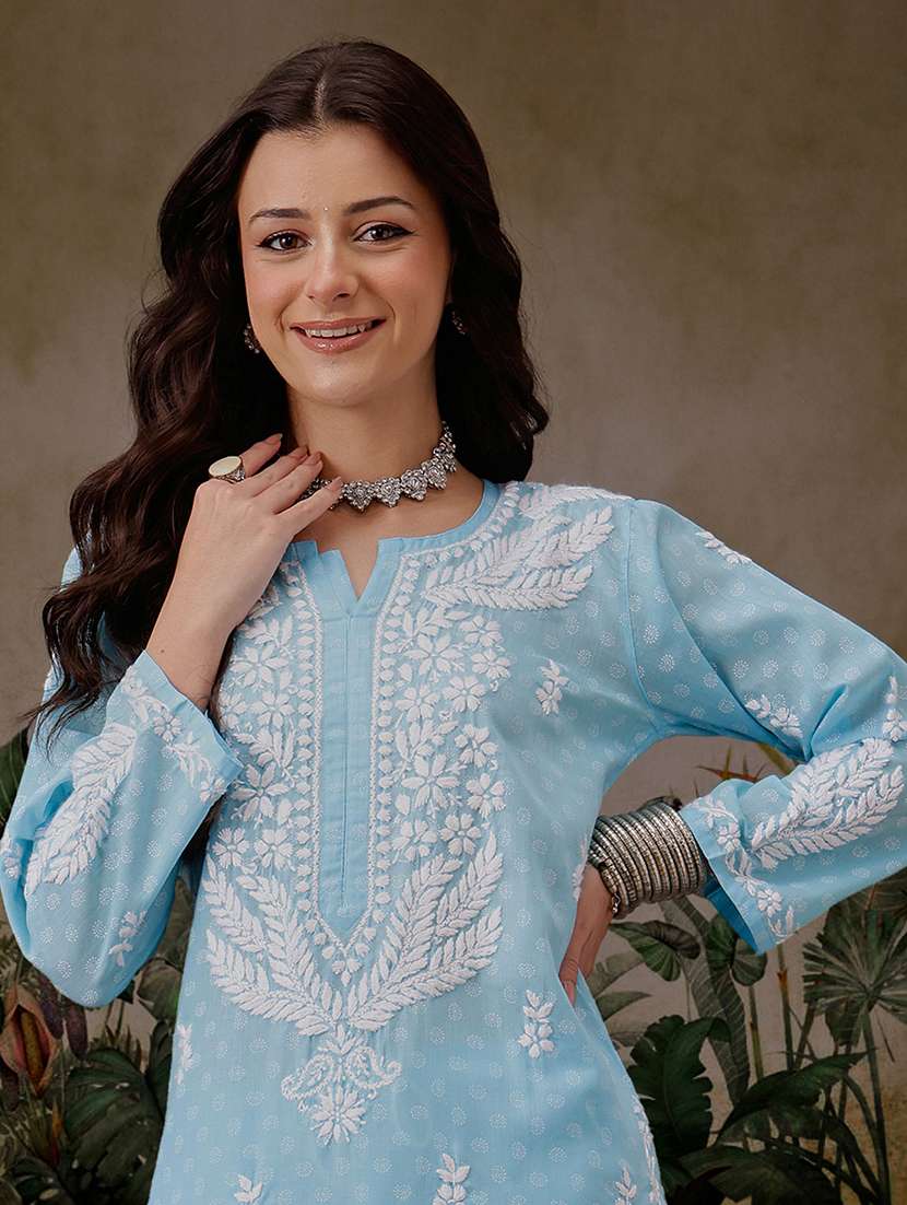 women solid with work notch neck kurta set - 21689696 -  Standard Image - 5