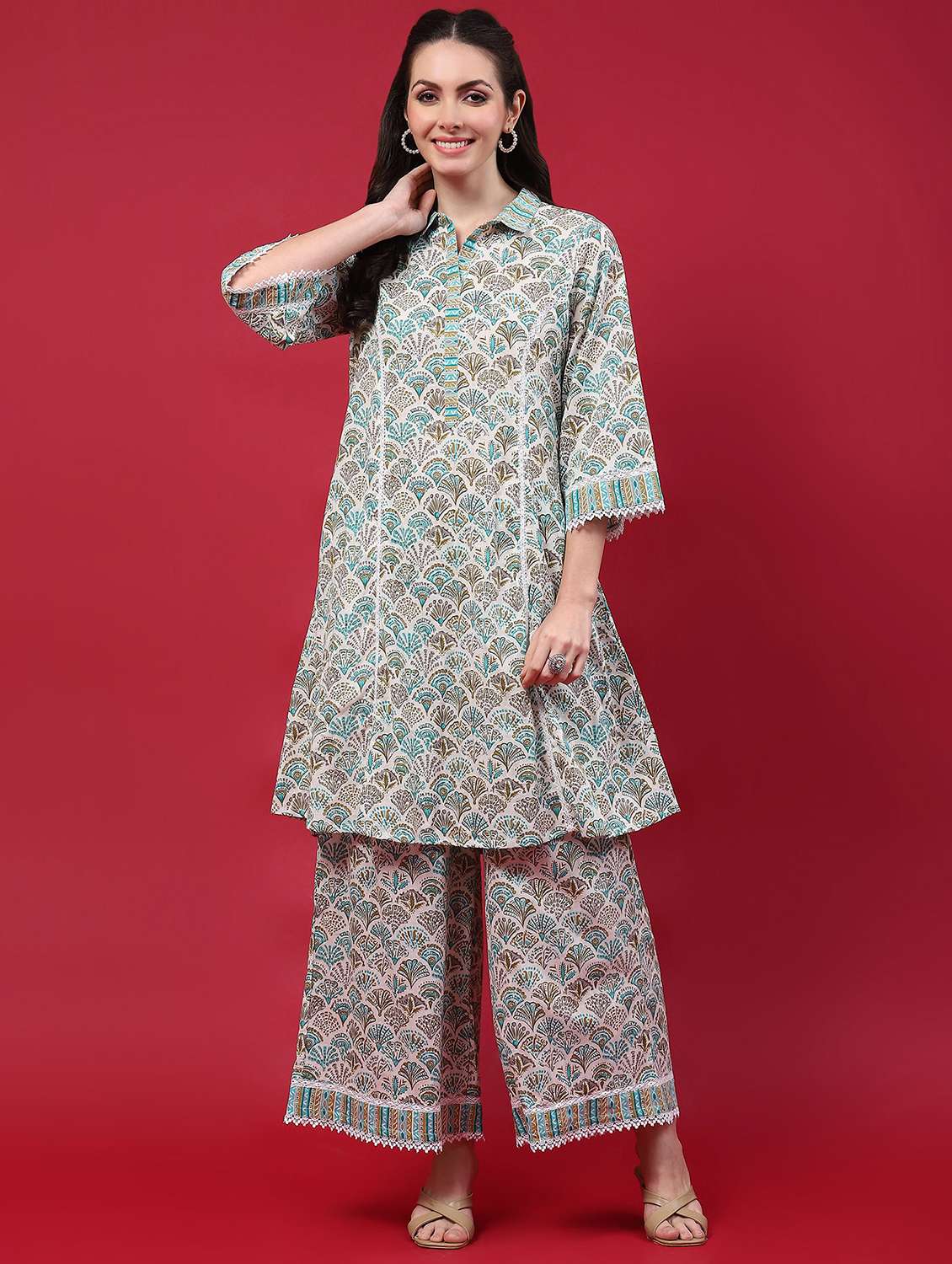 women three quarter sleeve ethnic co-ord set