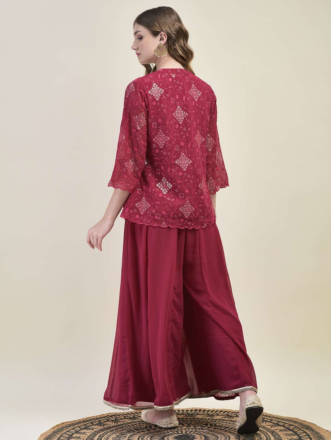 women magenta three quarter sleeve fusion set - 21689733 -  Standard Image - 3