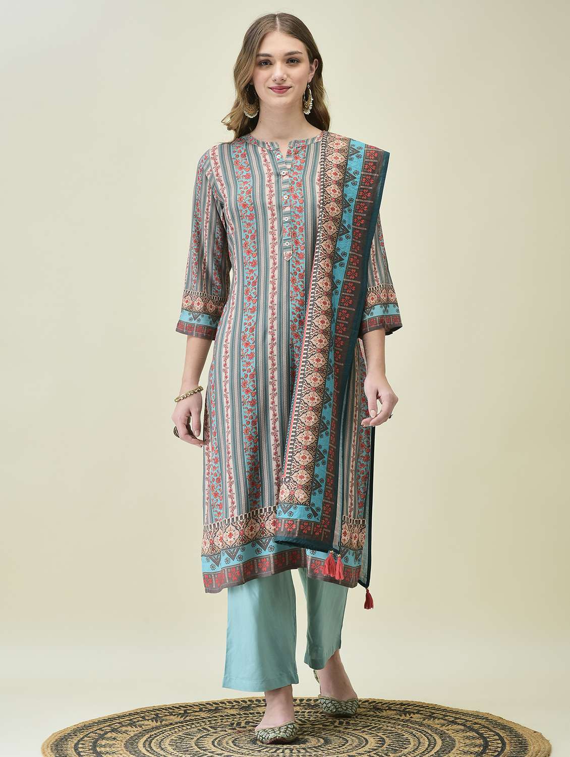 women light blue three quarter sleeve kurta comfort pant dupatta