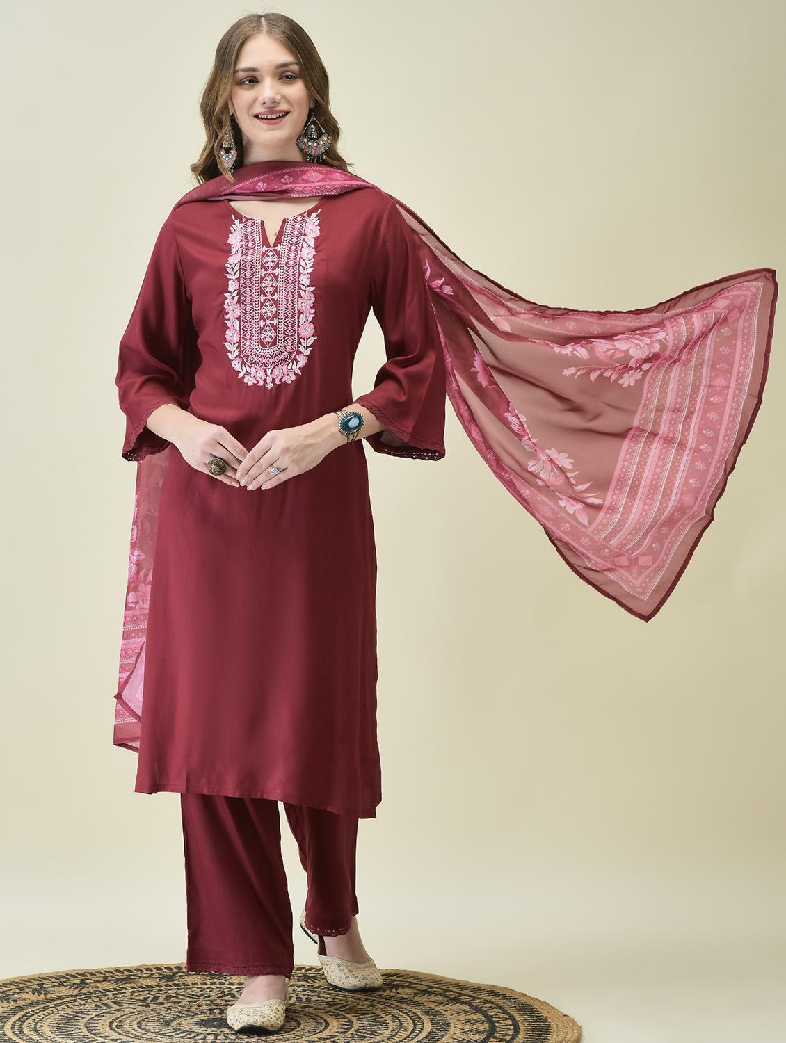 women embroidered three quarter sleeve kurta comfort pant dupatta - 21689743 - Zoom Image - 0