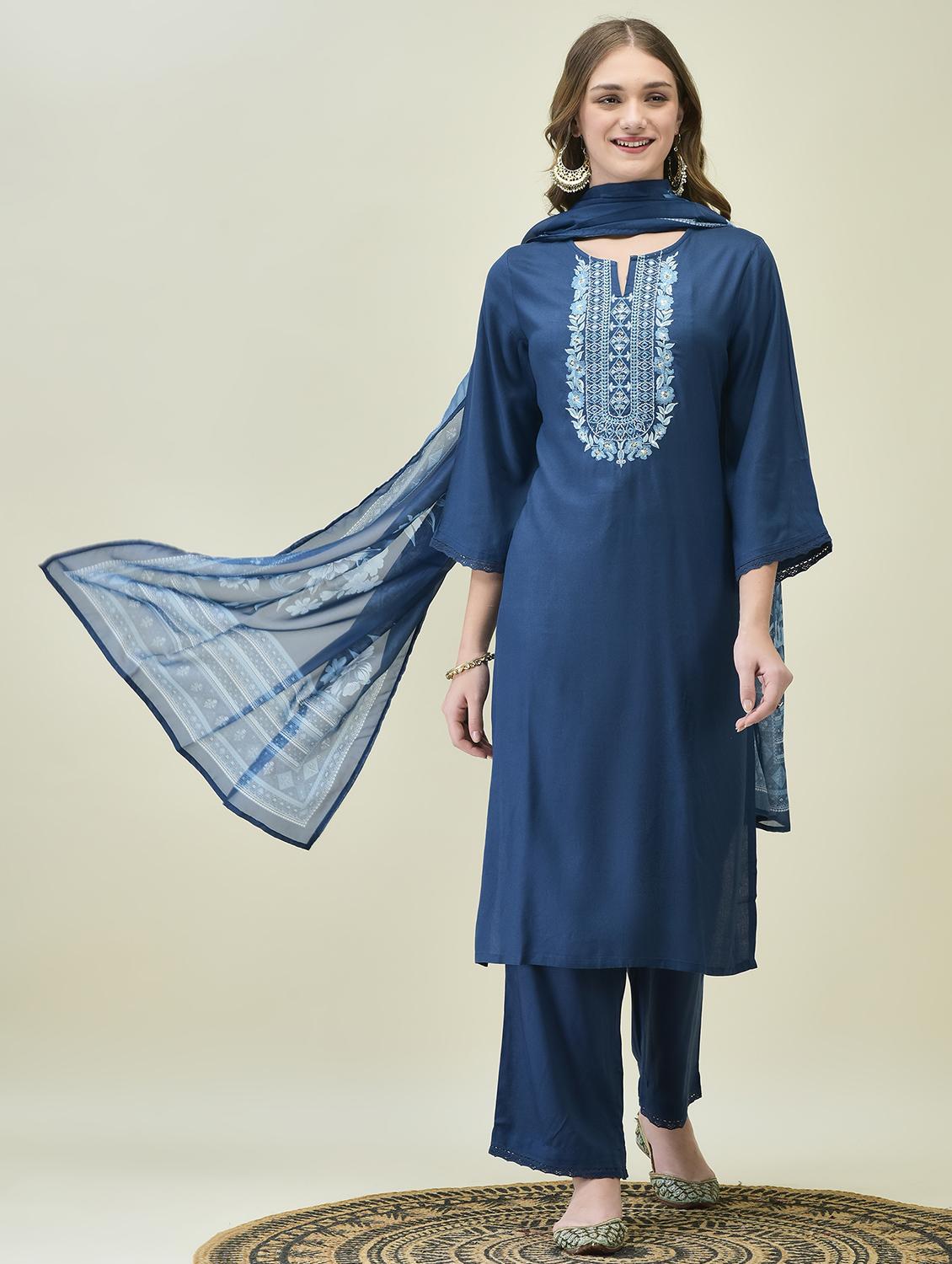 women embroidered three quarter sleeve kurta comfort pant dupatta