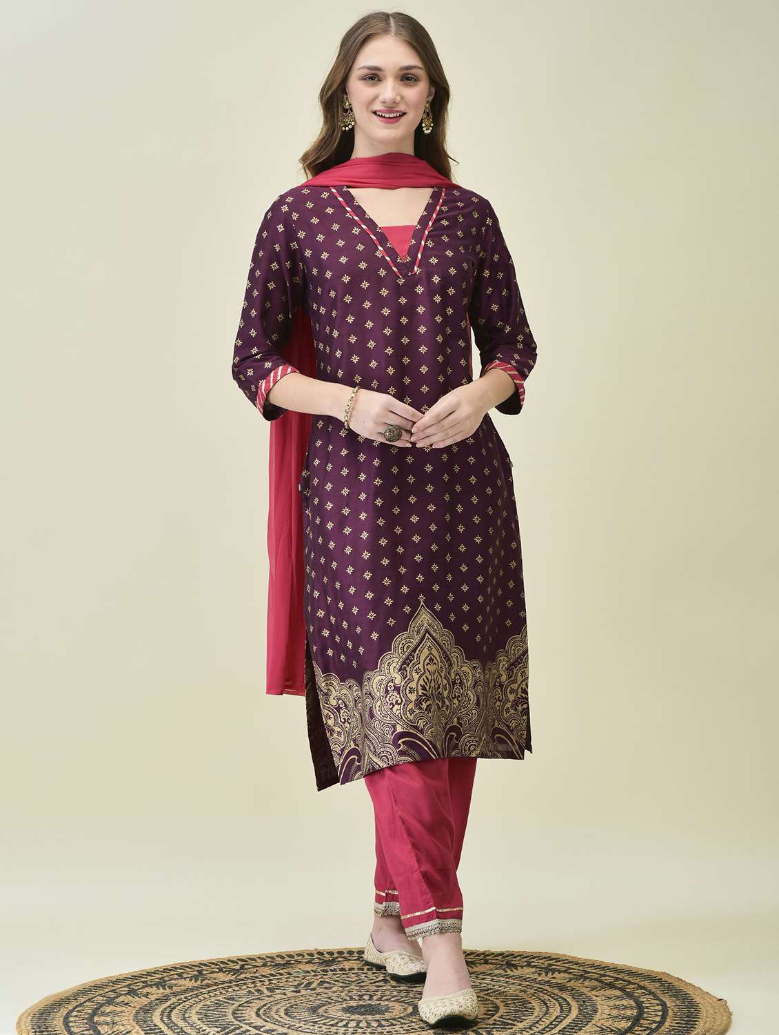 women three quarter sleeve kurta pant with dupatta set
