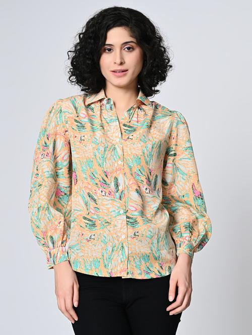 women printed collared puff sleeeves regular shirt - 21689894 -  Standard Image - 0