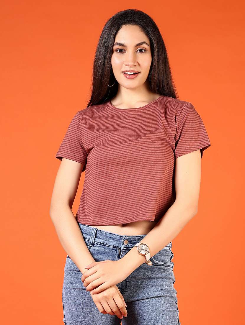 women striped round neck crop t-shirt