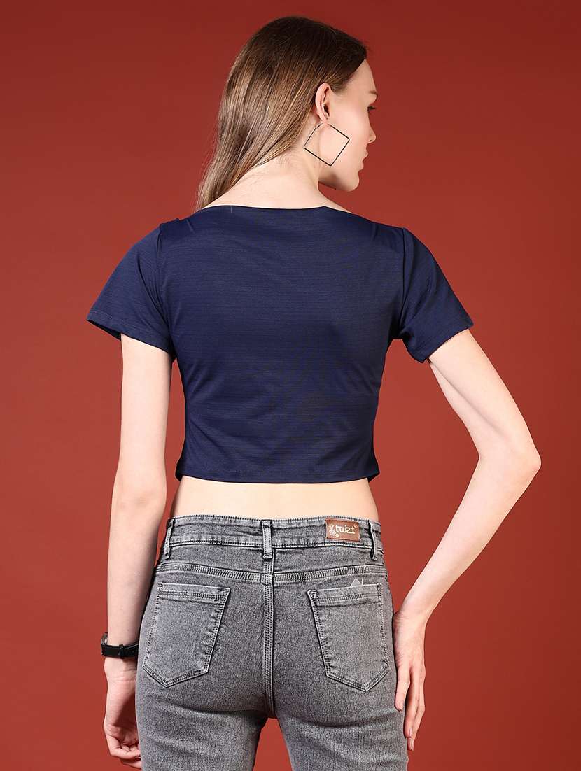 women navy blue solid short sleeve crop top - 21690047 -  Standard Image - 3