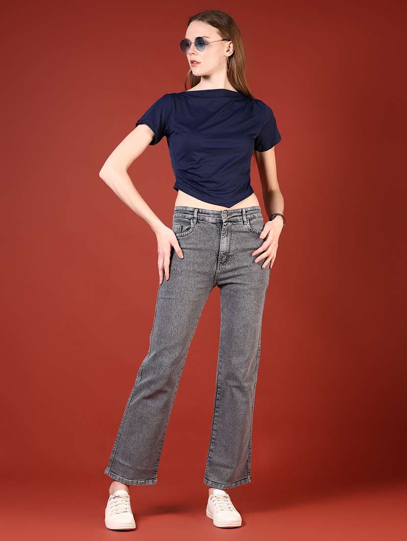 women navy blue solid short sleeve crop top - 21690047 -  Standard Image - 5