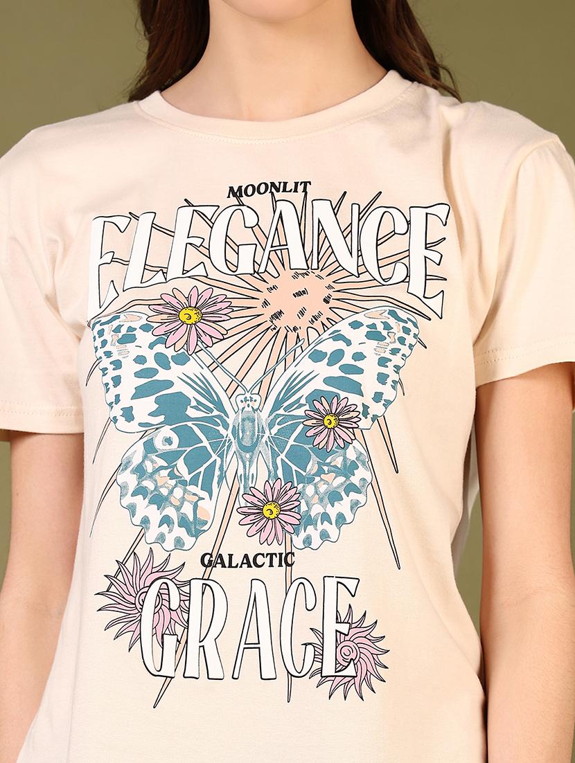 women beige printed round neck t-shirt - 21690065 - Standard Image - 3