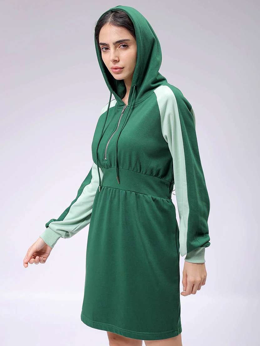 women solid fleece color block hooded dress