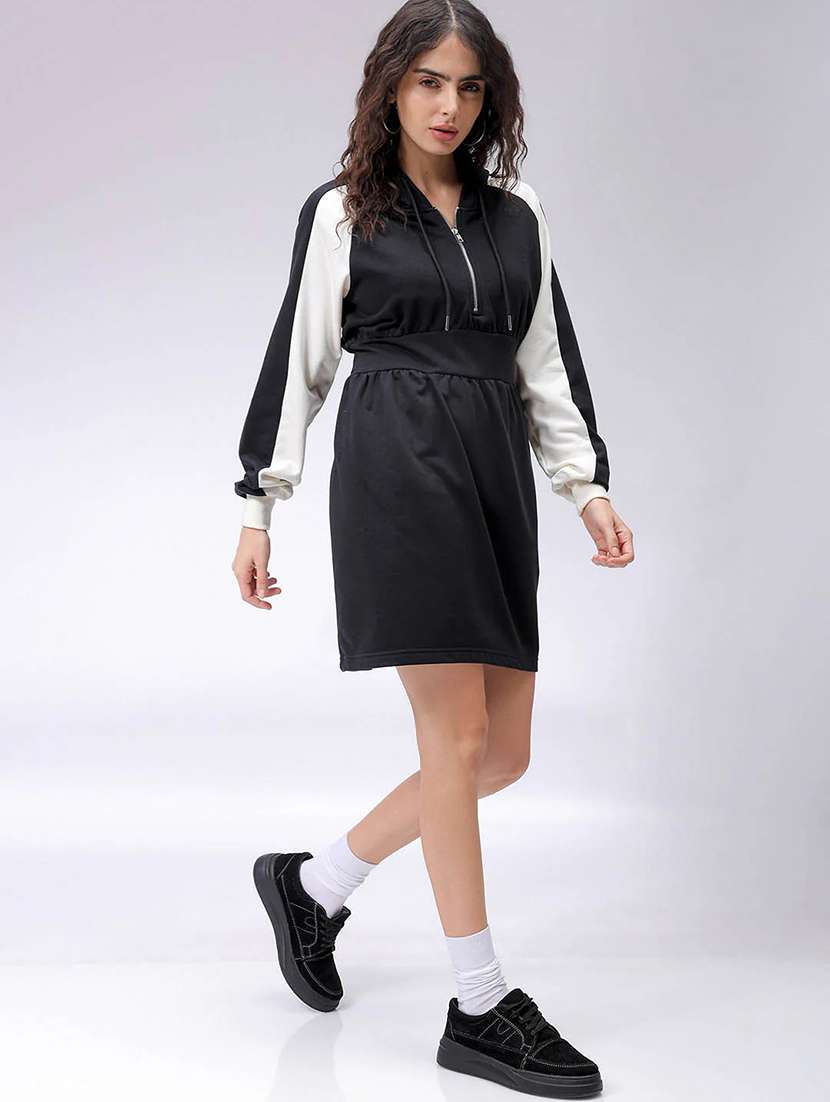 women solid fleece color block hooded dress - 21690133 -  Standard Image - 3