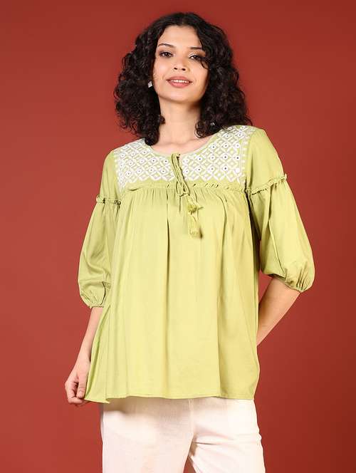 women embroidered puff sleeves flared kurti - 21690613 - Standard Image - 0