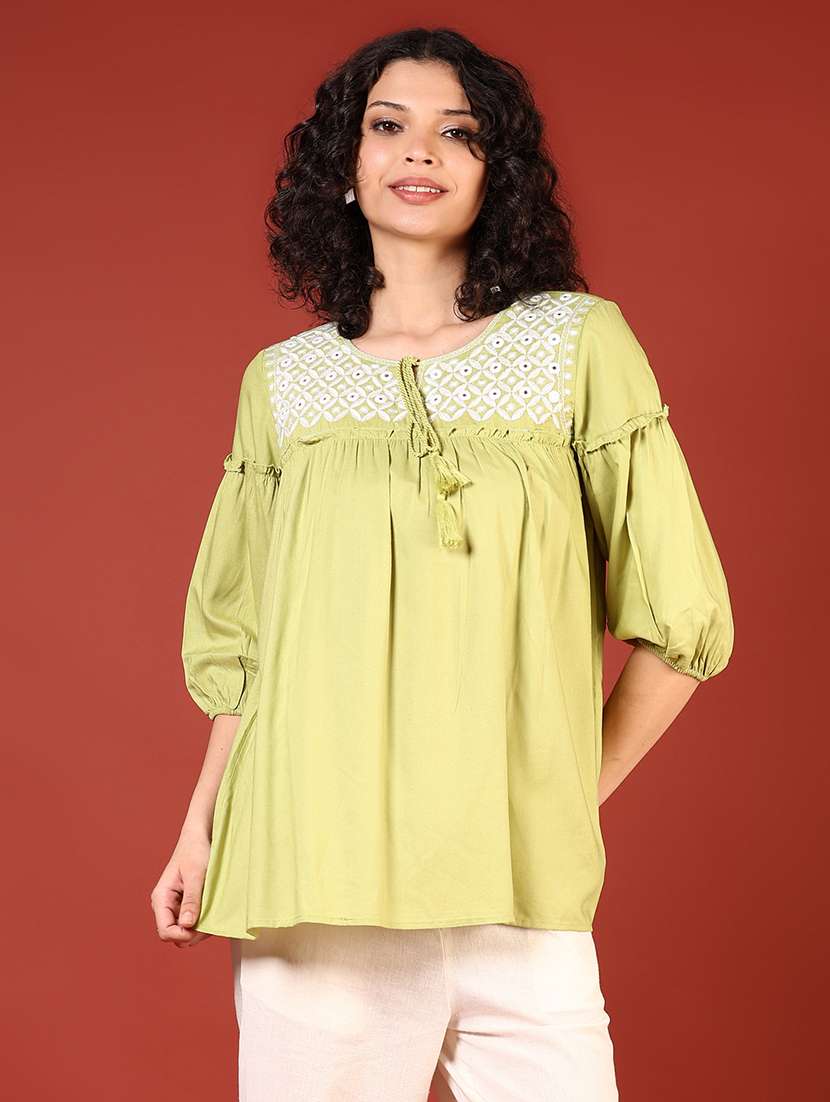 women embroidered puff sleeves flared kurti - 21690613 - Zoom Image - 0