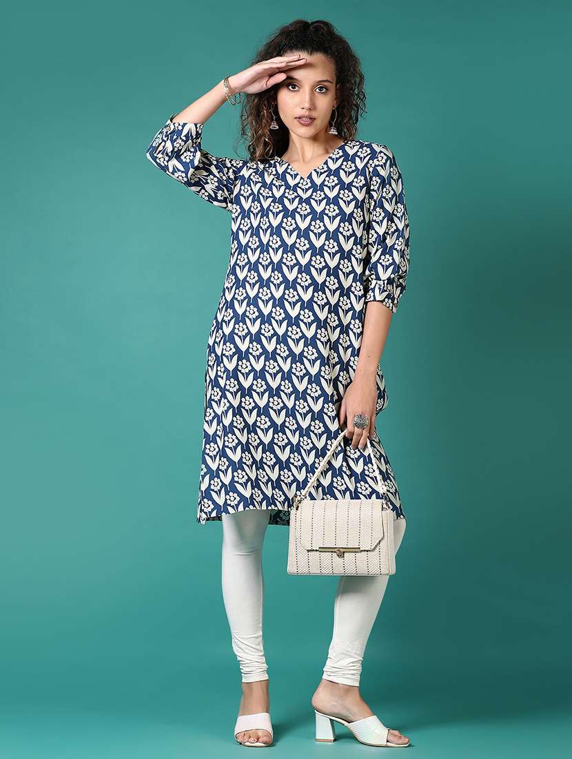 women floral printed puff sleeve straight kurta - 21690625 - Standard Image - 3