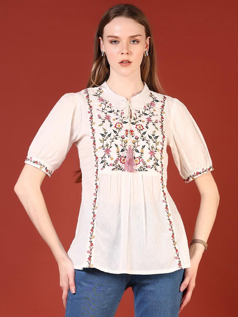 women off white embroidered a-line top - 21690808 - Zoom Image - 0