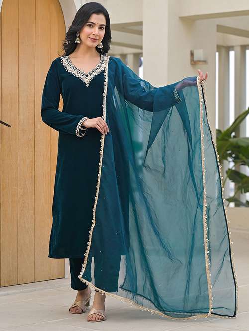 women long sleeve embroidered winter wear kurta pant with dupatta set - 21691034 - Standard Image - 0