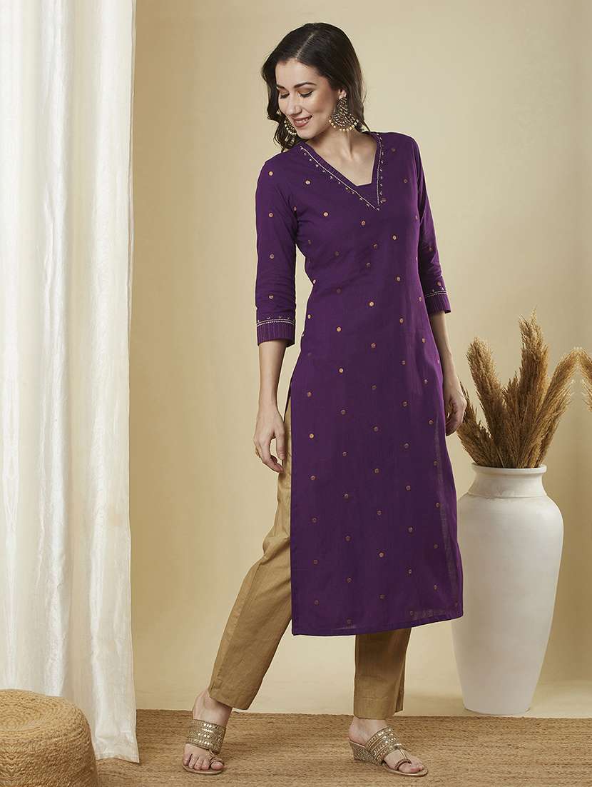 women self design three quarter sleeve straight kurta - 21691047 -  Standard Image - 3