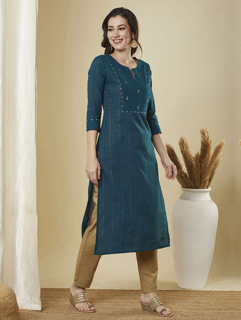 women self design three quarter sleeve straight kurta - 21691048 -  Standard Image - 3