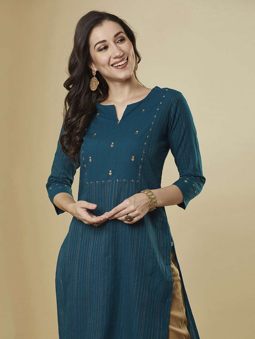 women self design three quarter sleeve straight kurta - 21691048 -  Standard Image - 5