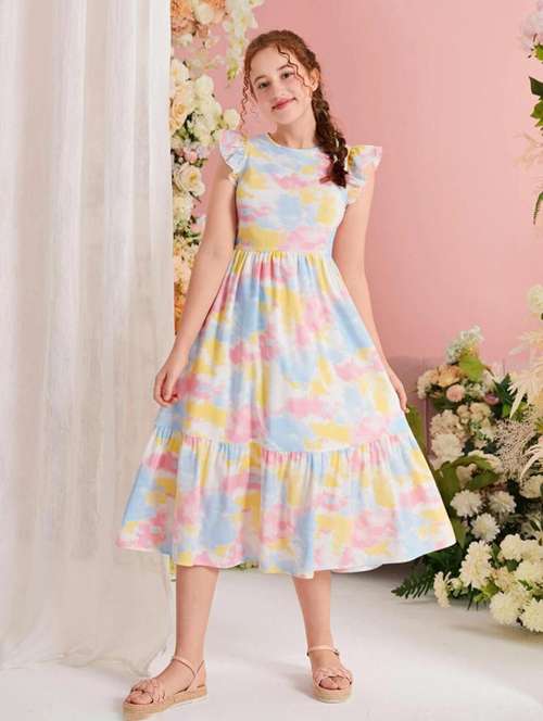 girls tie & dye printed tiered dress - 21691081 -  Standard Image - 0