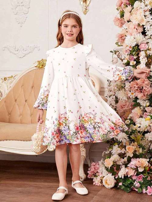 girls beige floral printed fit & flare dress - 21691089 -  Standard Image - 0