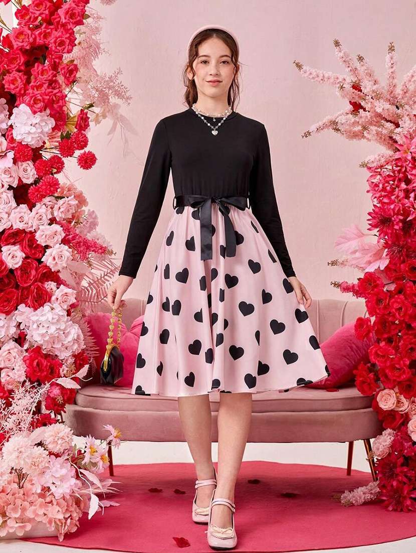 girls pink printed long sleeve fit & flare dress