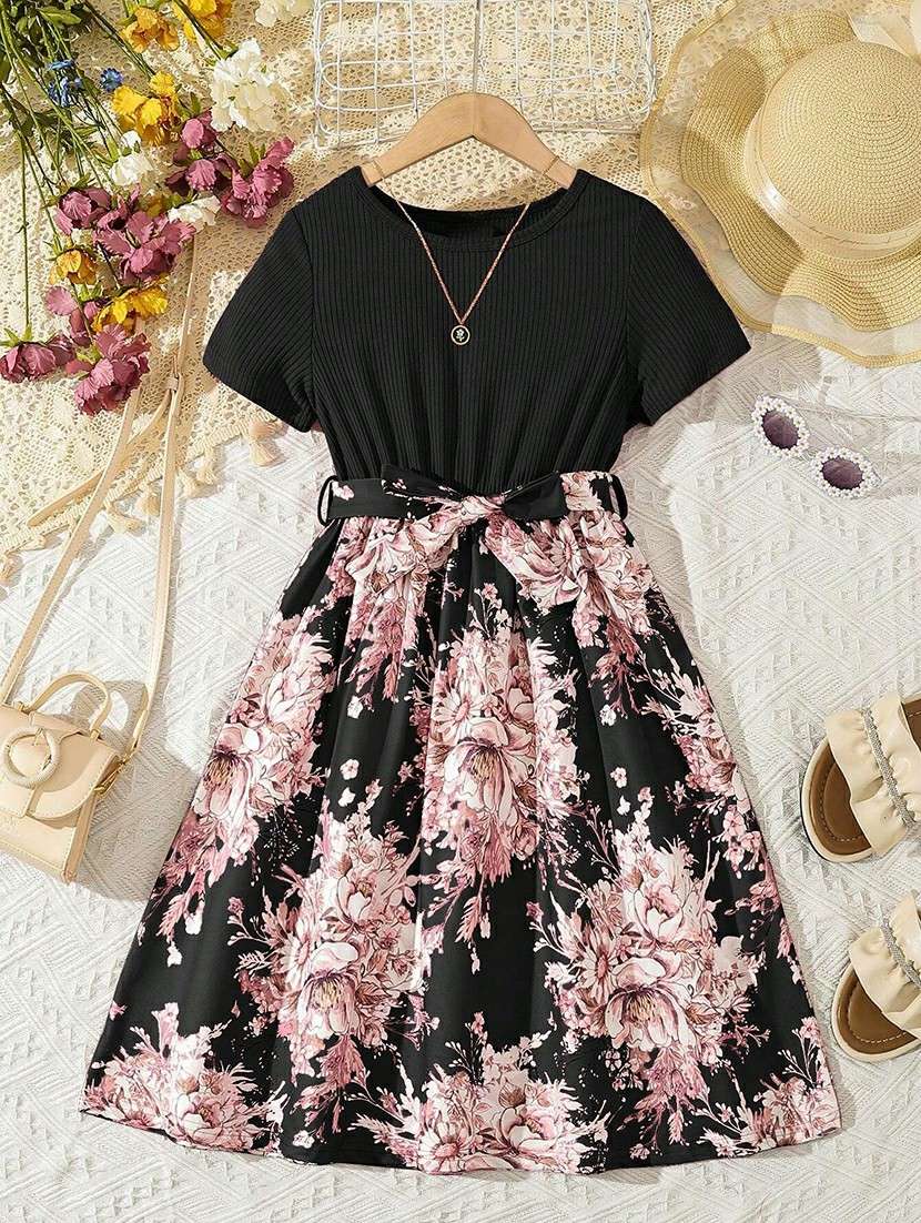 girls floral printed round neck dress