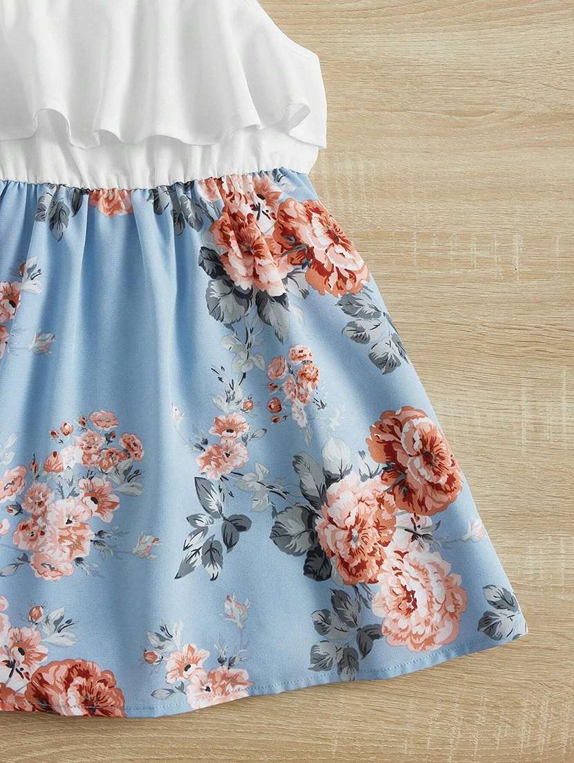 Girls Floral Printed Shoulder Strap Neck Frock