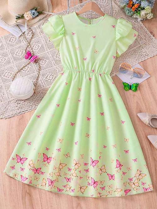 girls neon printed round neck fit & flare dress - 21691183 -  Standard Image - 0
