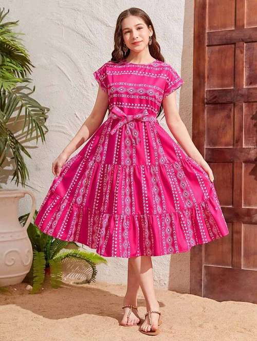 girls pink printed round neck tiered dress