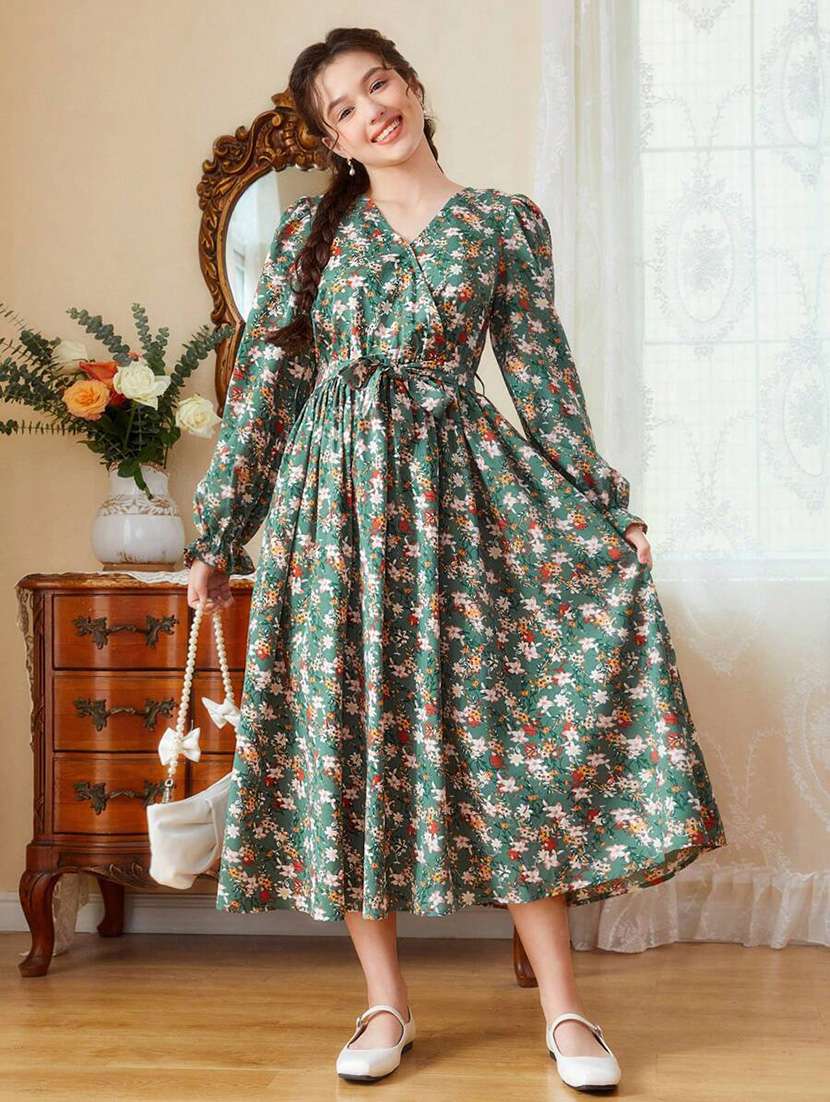 girls green floral printed fit & flare dress