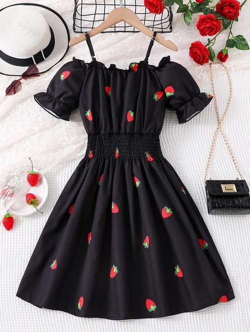 girls black printed puff sleeve dress - 21691212 -  Standard Image - 0