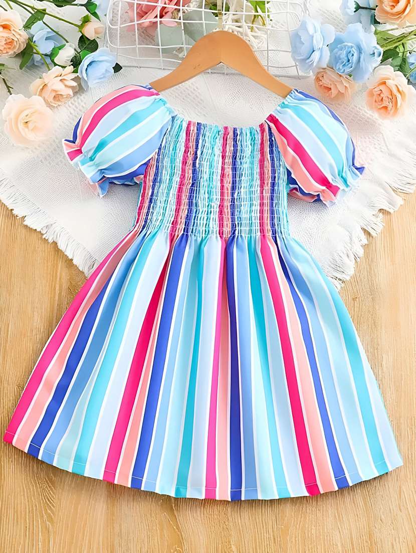 girls striped printed round neck dress