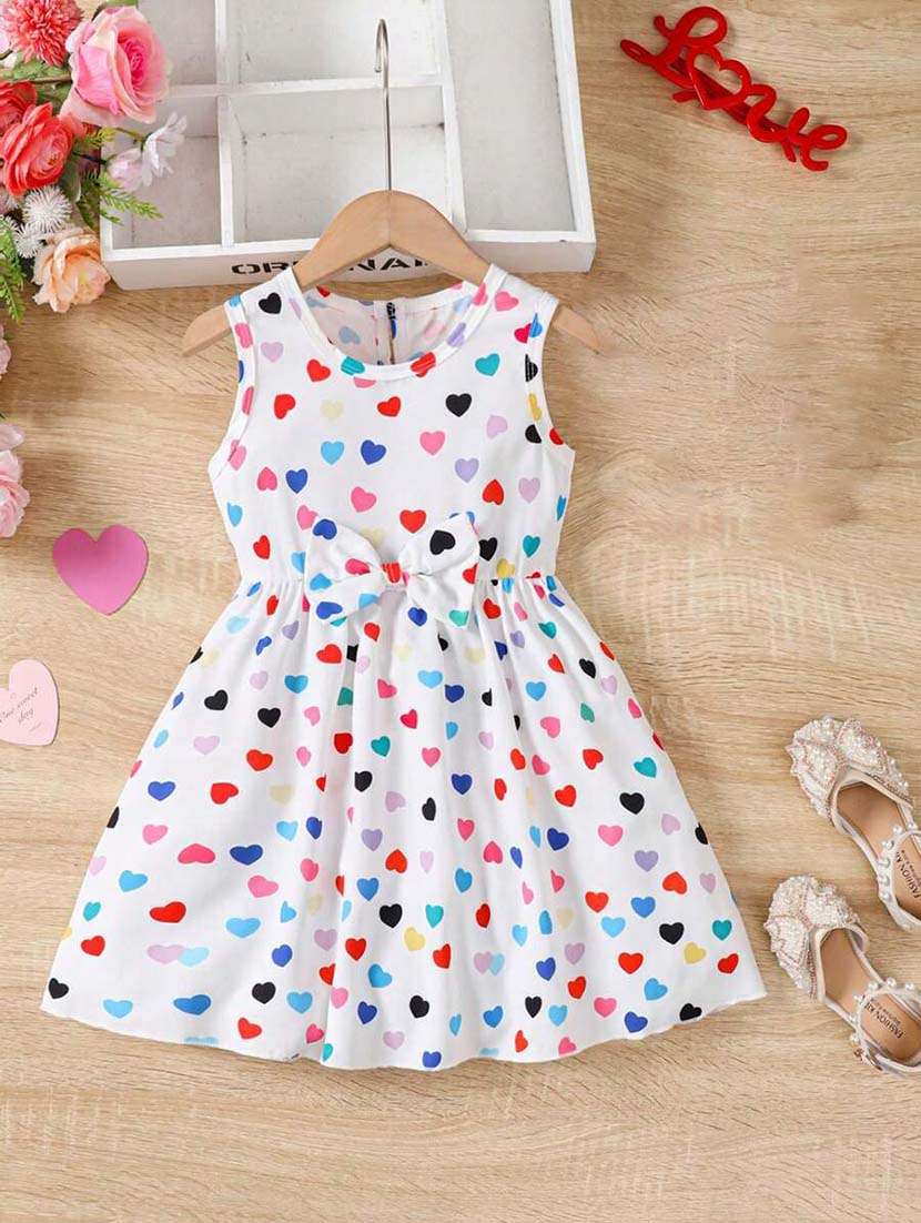 girls white printed round neck dress