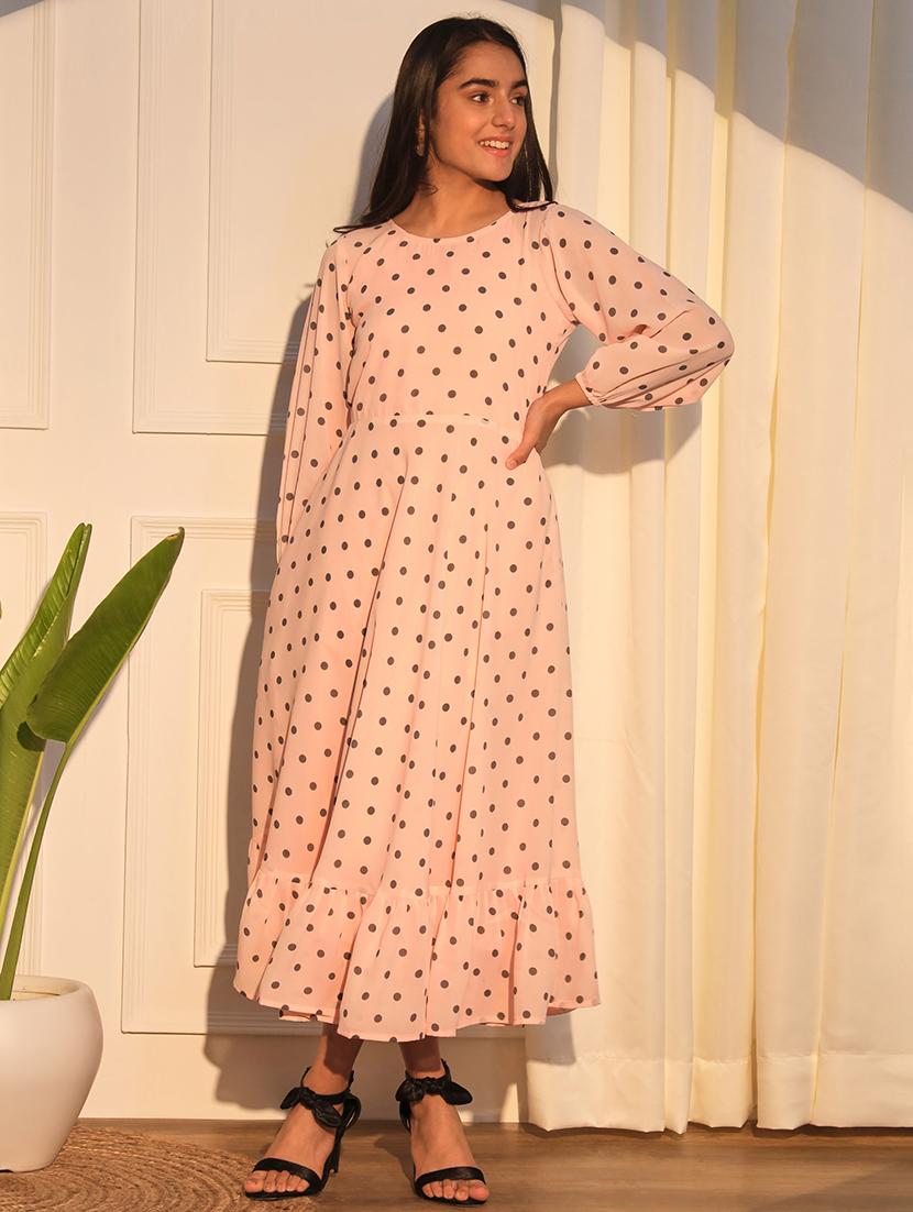girls peach polka dot round neck dress - 21691251 -  Zoom Image - 0