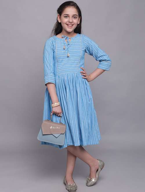 girls light blue striped tie up neck dress - 21691255 - Standard Image - 0