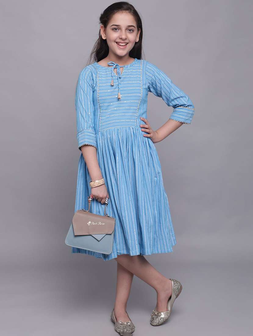 girls light blue striped tie up neck dress - 21691255 - Zoom Image - 0