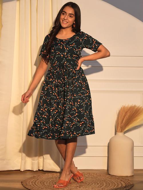 girls bottle green printed round neck dress - 21691259 -  Standard Image - 0
