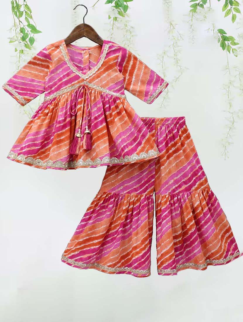 girls leheriya printed kurta sharara set