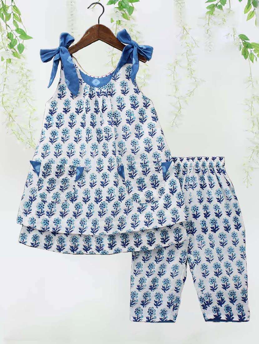 girls white floral printed kurta pant set