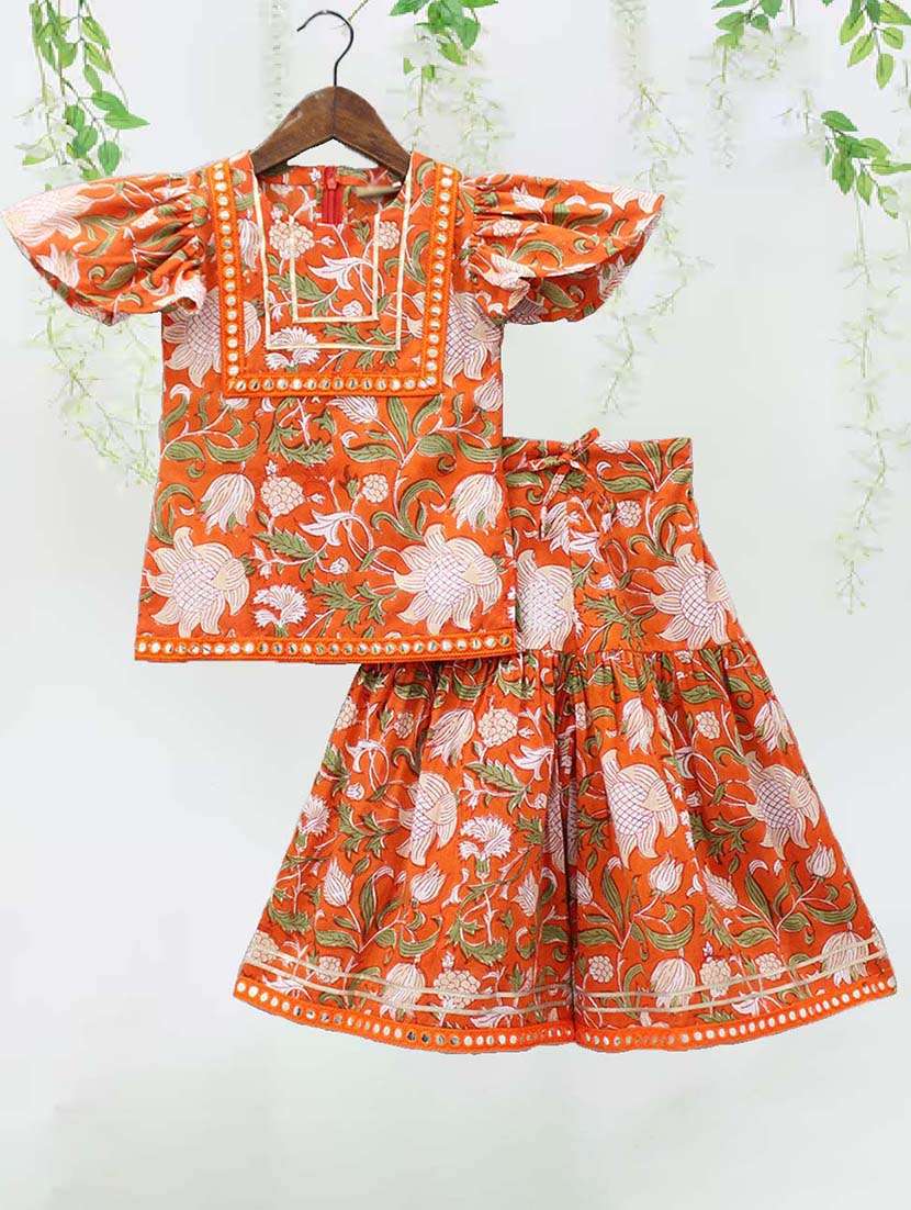girls floral printed round neck kurta sharara set