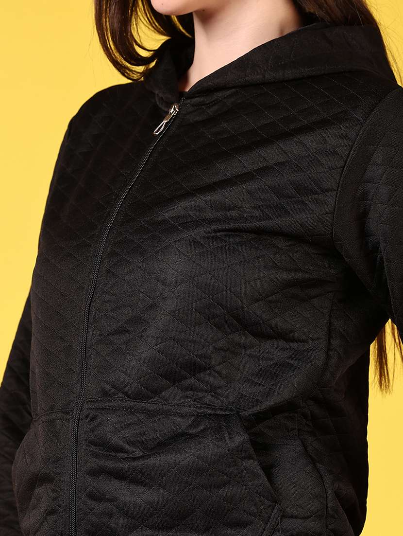 women black solid long sleeve hooded jacket - 21691394 -  Standard Image - 3