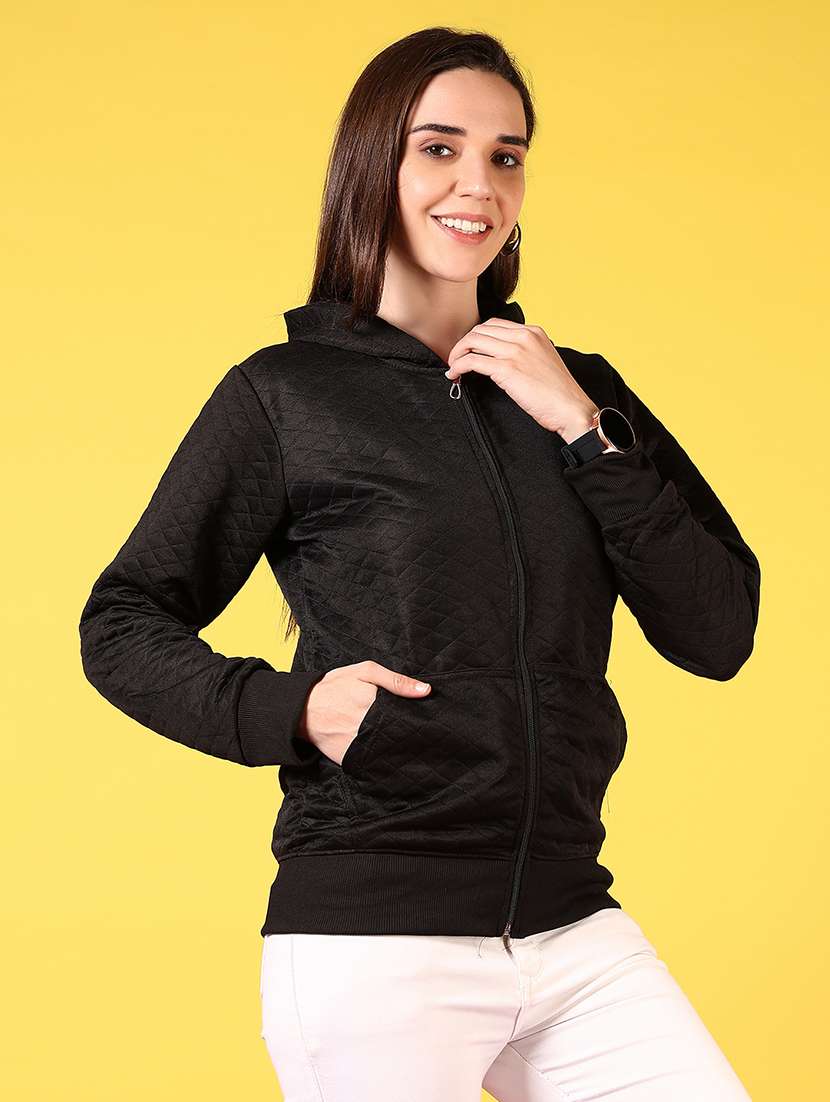 women black solid long sleeve hooded jacket - 21691394 -  Standard Image - 5