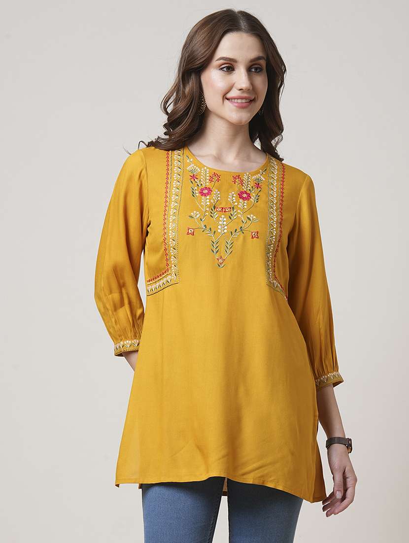 women mustard three quarter sleeve straight kurti