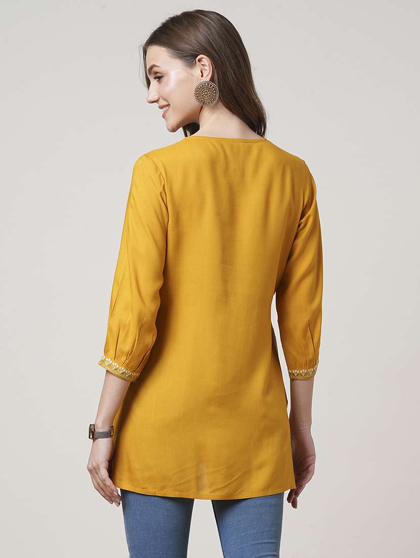women mustard three quarter sleeve straight kurti - 21691710 -  Standard Image - 3