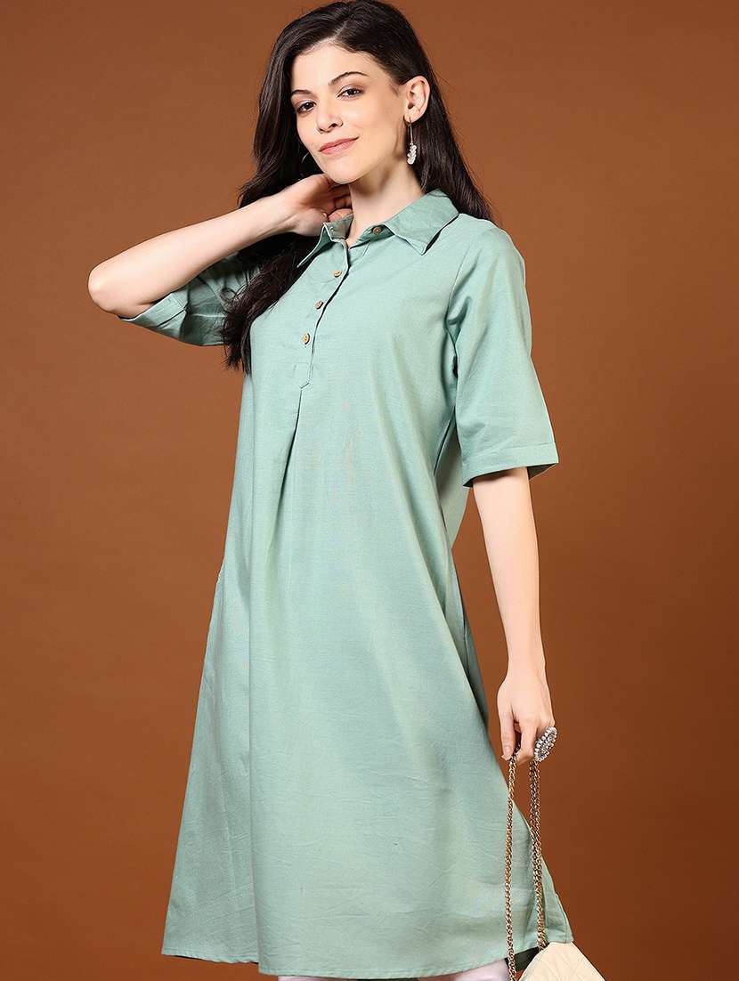 women green solid elbow length a-line kurta - 21691874 -  Standard Image - 3
