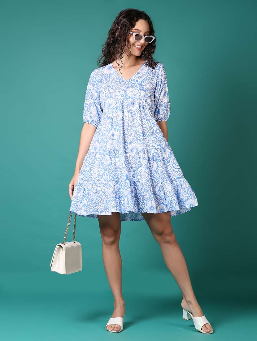 women light blue printed v neck tiered dress - 21691880 - Standard Image - 3
